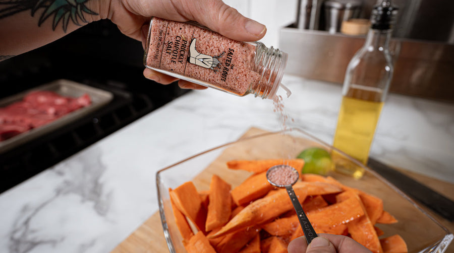 Prickly chipotle sweet potato wedges with lime crema, made with The Salted Roots Prickly Chipotle Salt