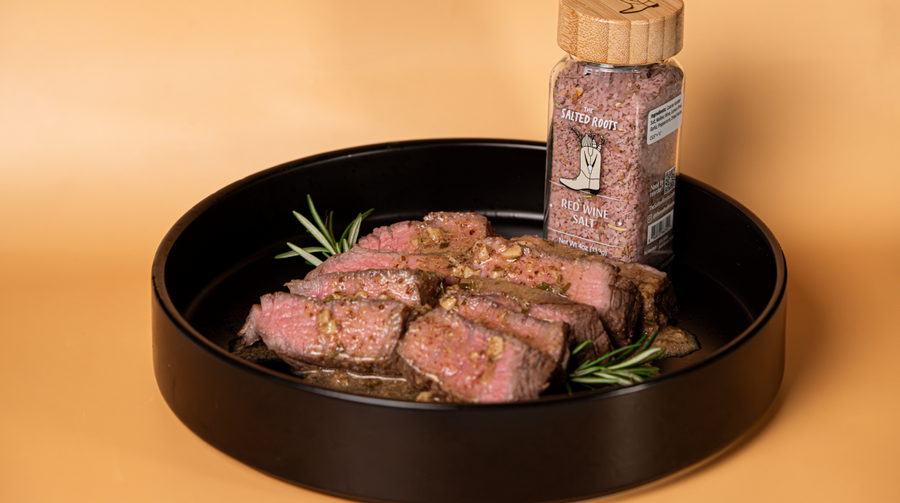 Red wine salt crusted tri-tip with herb jus, made with The Salted Roots Red Wine Salt