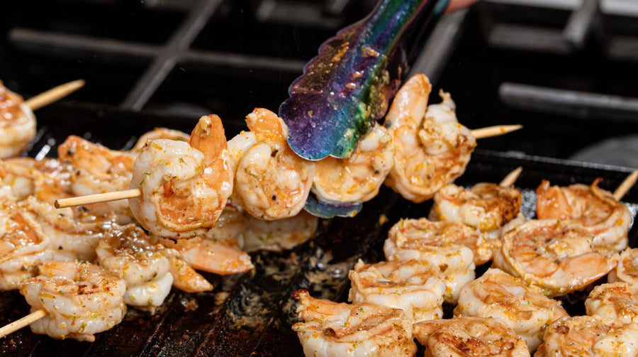 Tequila salt citrus shrimp skewers made with The Salted Roots Tequila Salt