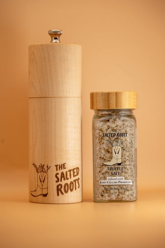 Jar of The Salted Roots Truffle Salt + Grinder, a truffle infused sea salt with grinder