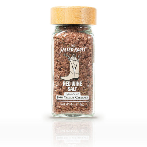 The Salted Roots Red Wine Salt, 4 oz jar, front label
