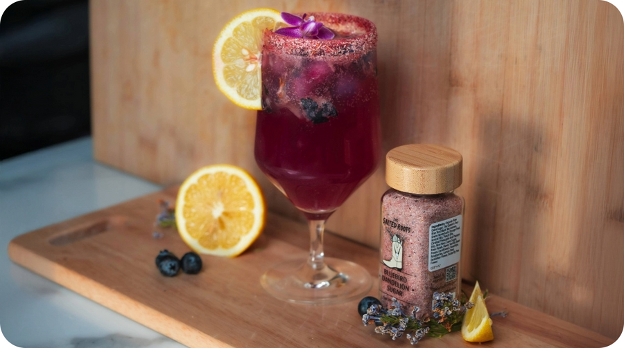Sunshine Mama mocktail made with The Salted Roots Bluebird Dandelion Sugar