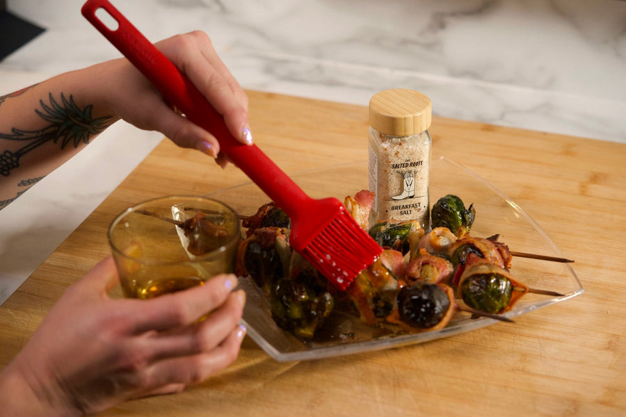 Breakfast Salt Brussels and bacon skewers with maple, made with The Salted Roots Breakfast Salt
