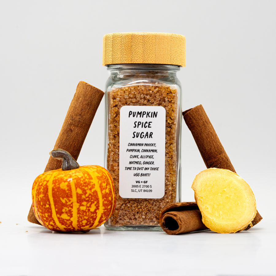 Jar of The Salted Roots Pumpkin Spice Sugar (Holiday Release), a pumpkin spice finishing sugar