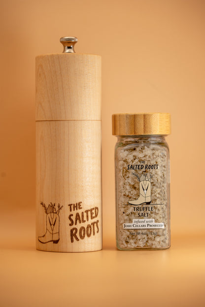 Jar of The Salted Roots Truffle Salt + Grinder, a truffle infused sea salt with grinder