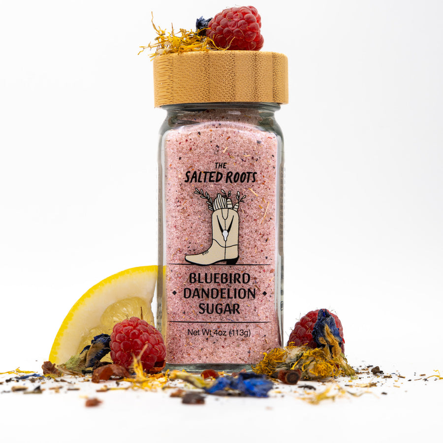 The Salted Roots Bluebird Dandelion Sugar jar — dandelion and citrus infused finishing sugar