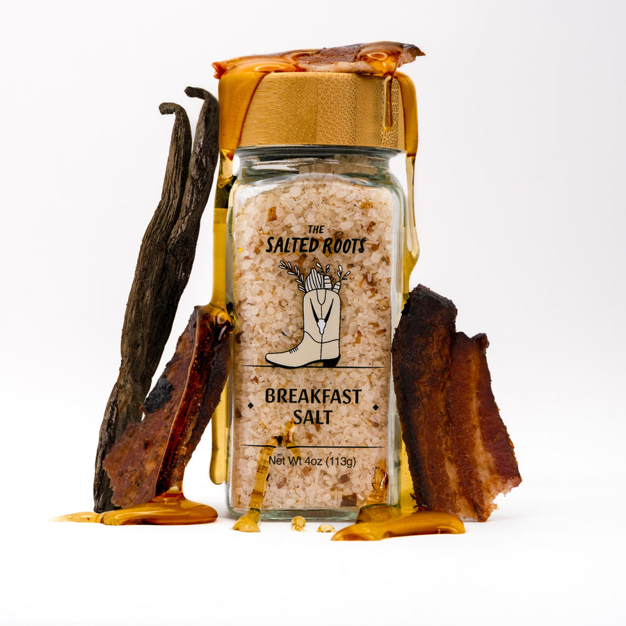 Jar of The Salted Roots Breakfast Salt, a savory breakfast blend finishing salt