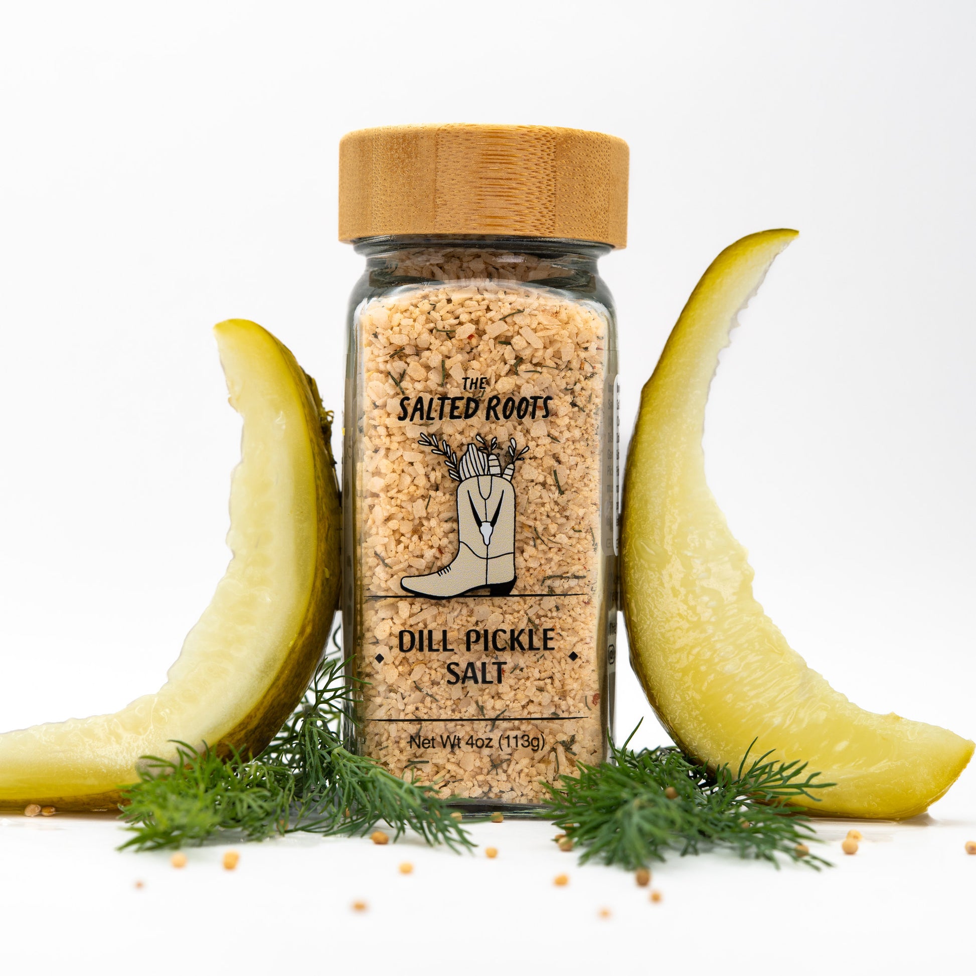 The Salted Roots Dill Pickle Salt jar — dill pickle infused sea salt