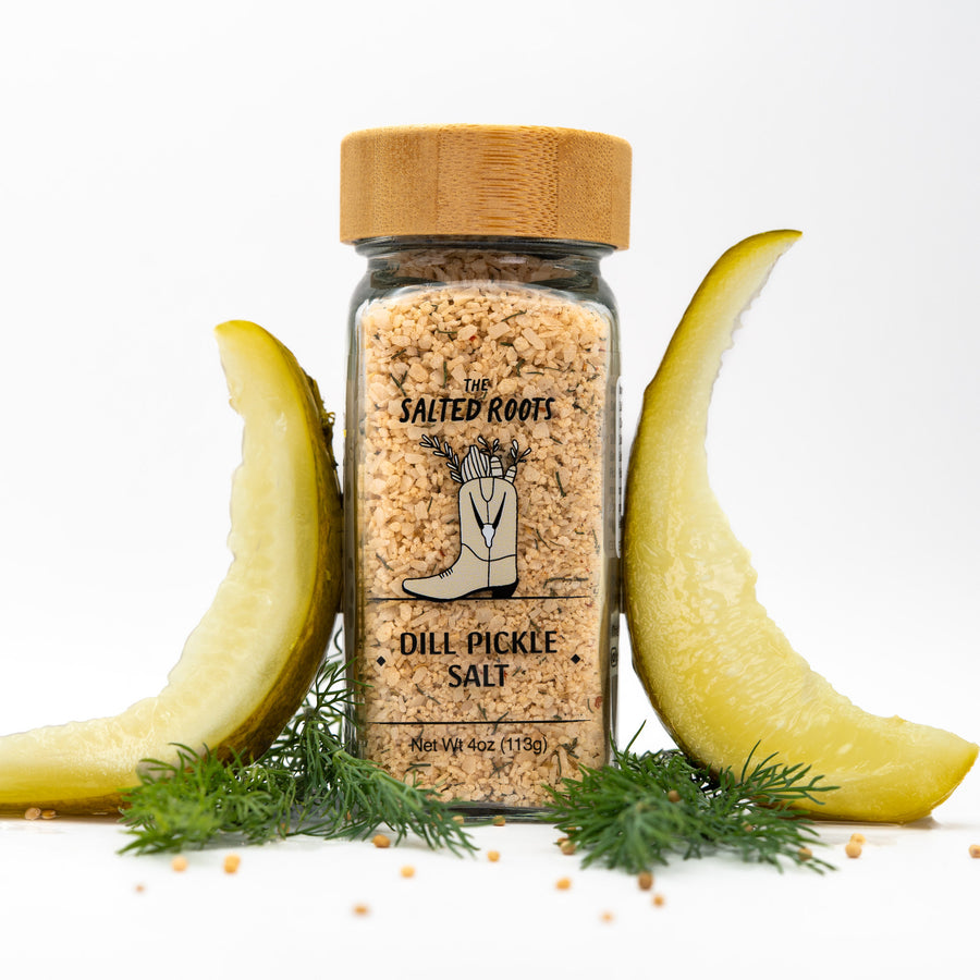 The Salted Roots Dill Pickle Salt jar — dill pickle infused sea salt