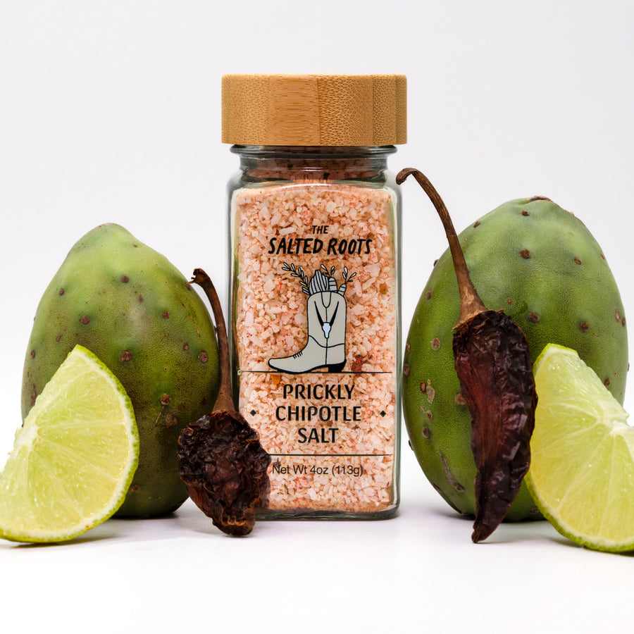 The Salted Roots Prickly Chipotle Salt jar — prickly pear and chipotle infused sea salt