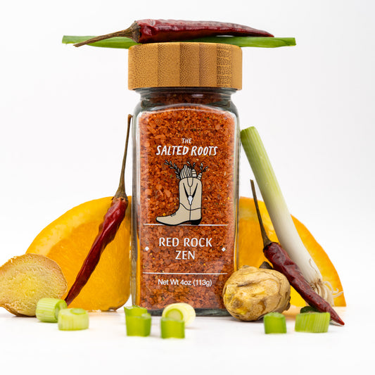 The Salted Roots Red Rock Zen jar — balanced everyday finishing salt