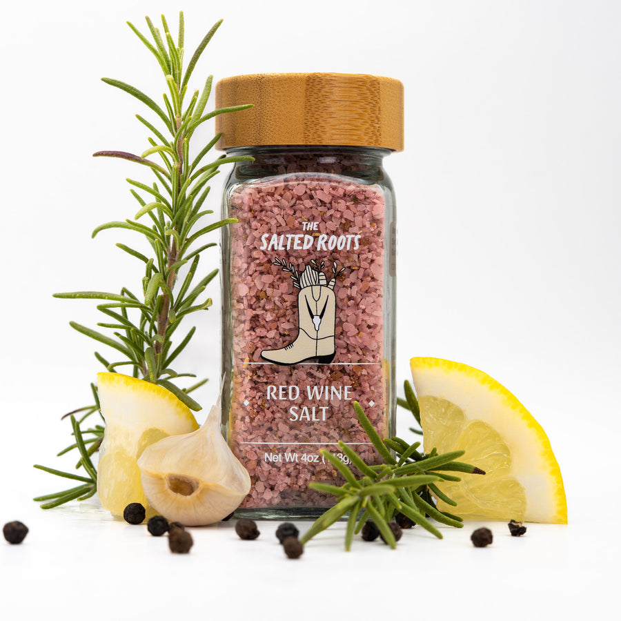The Salted Roots Red Wine Salt jar — red wine, garlic and peppercorn infused sea salt