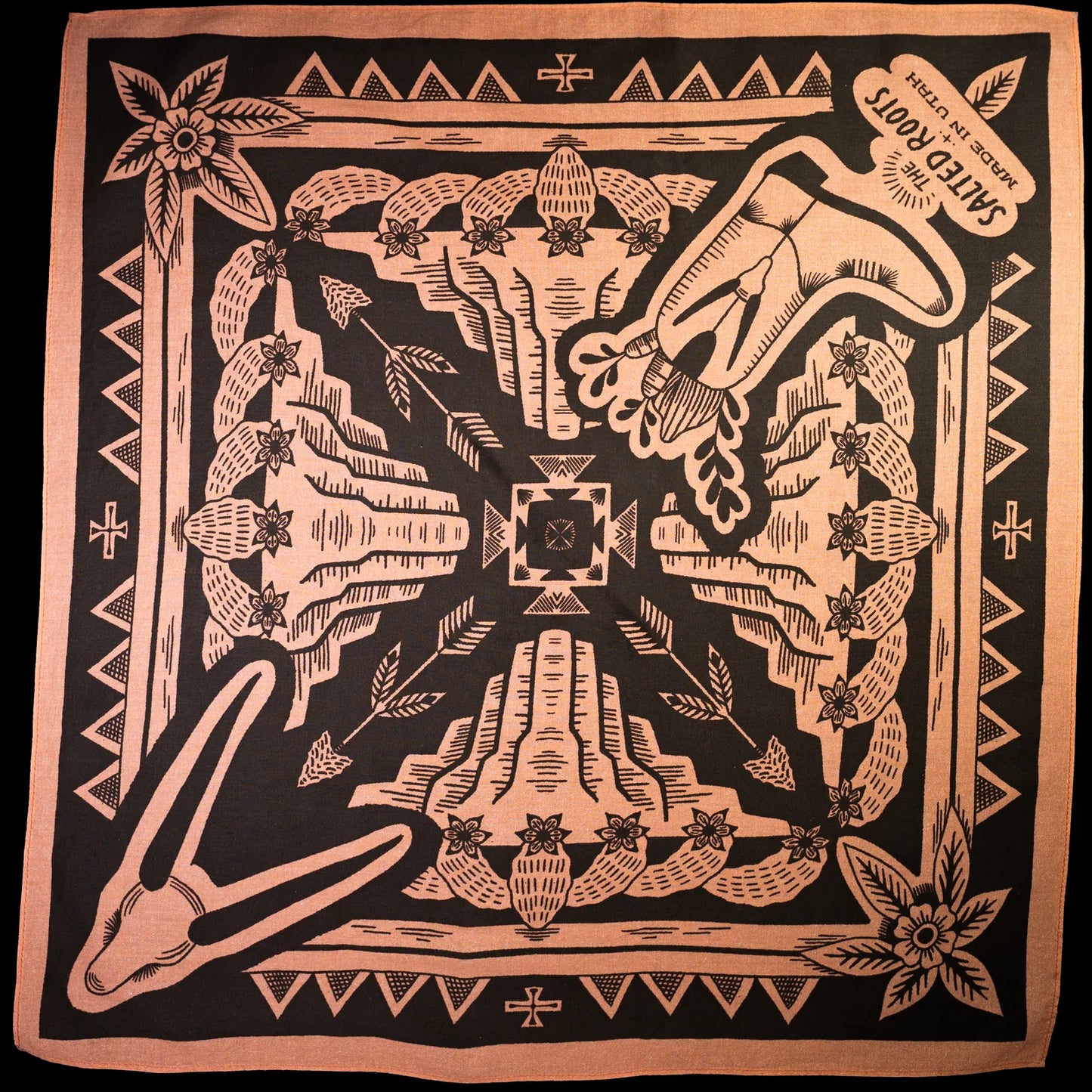 Rust Salted Roots cotton bandana with black screen print
