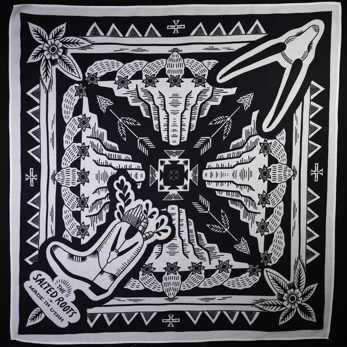 White Salted Roots cotton bandana with black screen print