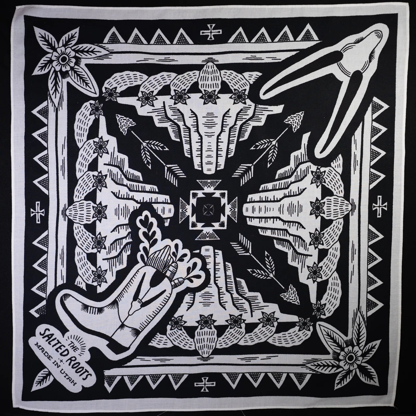 White Salted Roots cotton bandana with black screen print