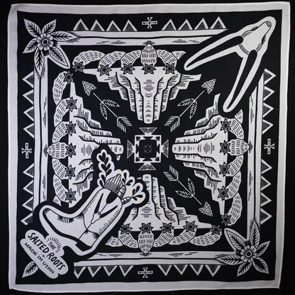 White Salted Roots cotton bandana with black screen print