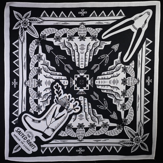 White Salted Roots cotton bandana with black screen print