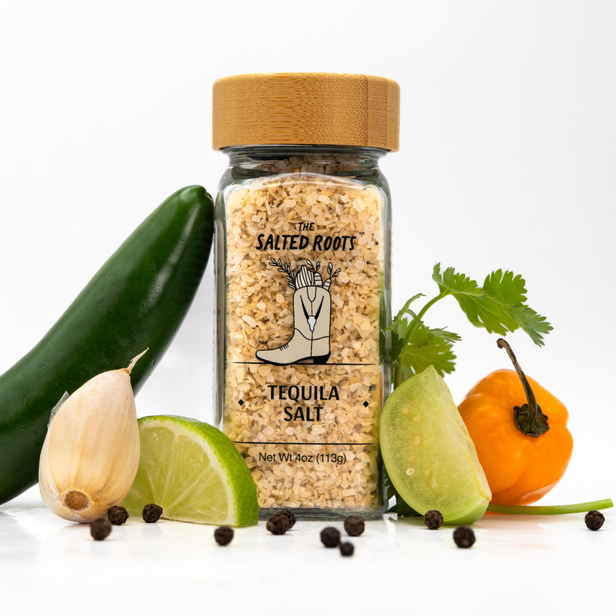 The Salted Roots Tequila Salt jar — lime and tomatillo infused sea salt with garlic and pepper
