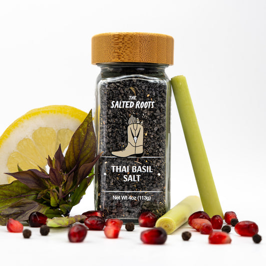 The Salted Roots Thai Basil Salt jar — smoked Thai basil infused sea salt