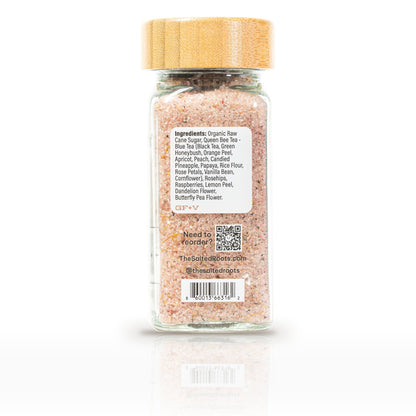 The Salted Roots Bluebird Dandelion Sugar, 4 oz jar, back panel with ingredients