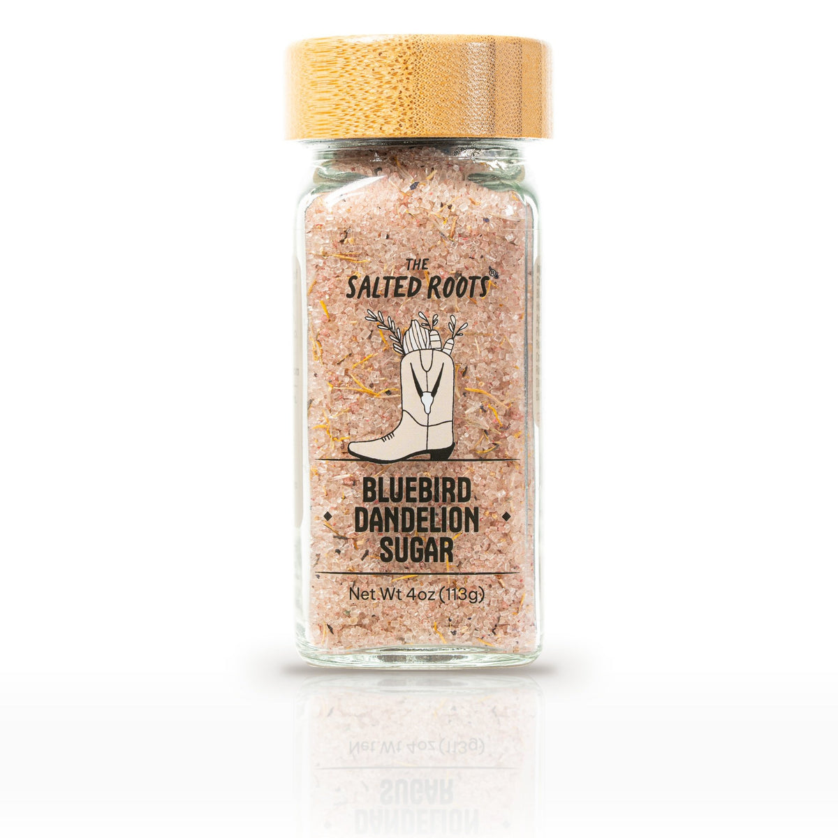 The Salted Roots Bluebird Dandelion Sugar, 4 oz jar, front label