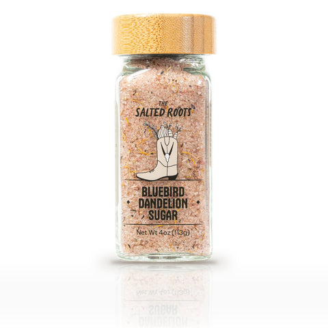 The Salted Roots Bluebird Dandelion Sugar, 4 oz jar, front label