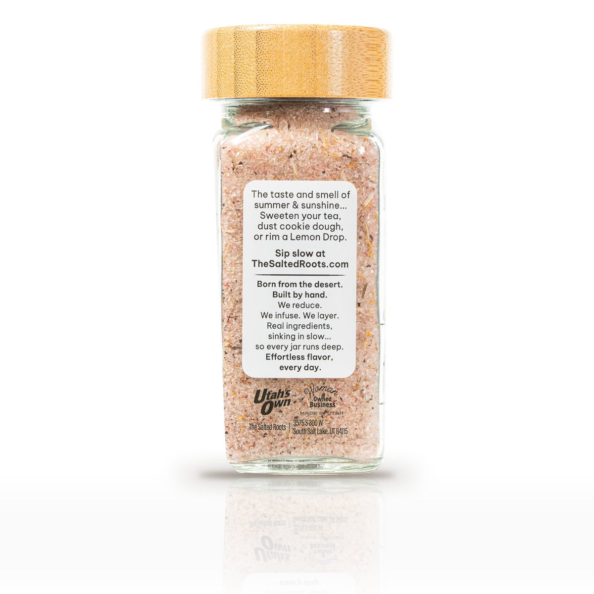 The Salted Roots Bluebird Dandelion Sugar, 4 oz jar, side panel with serving ideas