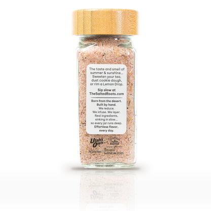 The Salted Roots Bluebird Dandelion Sugar, 4 oz jar, side panel with serving ideas