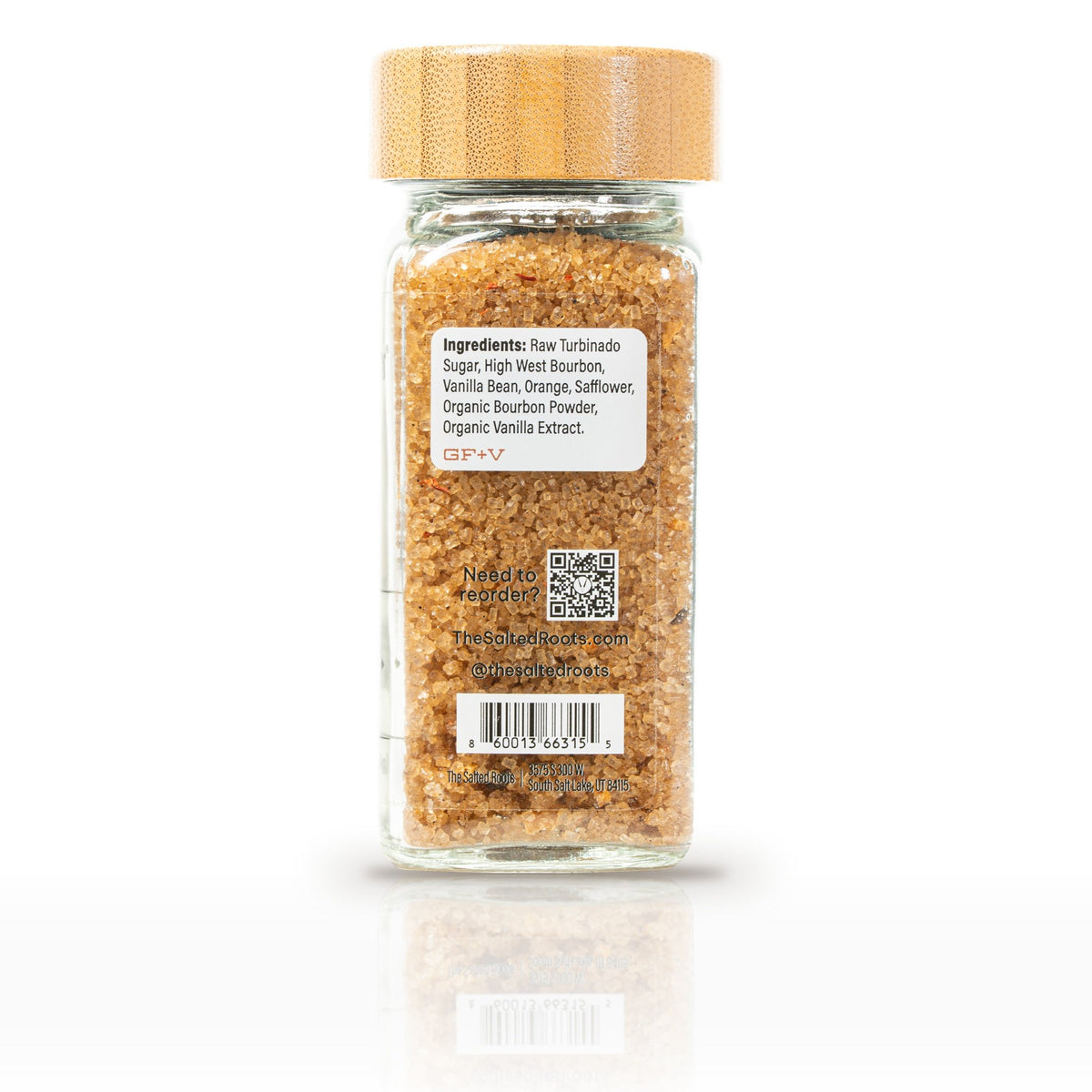 The Salted Roots Bourbon Sugar, 4 oz jar, back panel with ingredients