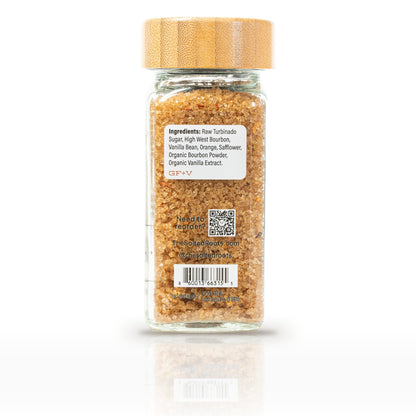 The Salted Roots Bourbon Sugar, 4 oz jar, back panel with ingredients