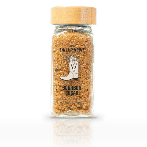 The Salted Roots Bourbon Sugar, 4 oz jar, front label