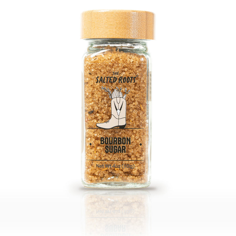 The Salted Roots Bourbon Sugar, 4 oz jar, front label