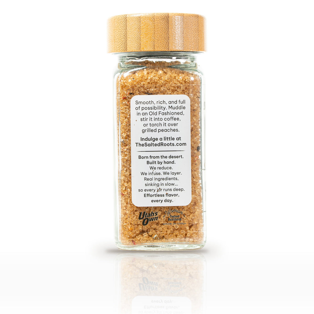 The Salted Roots Bourbon Sugar, 4 oz jar, side panel with serving ideas