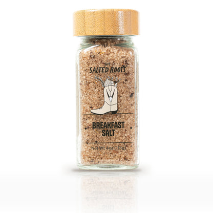 The Salted Roots Breakfast Salt, 4 oz jar, front label