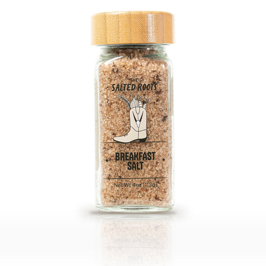 The Salted Roots Breakfast Salt, 4 oz jar, front label