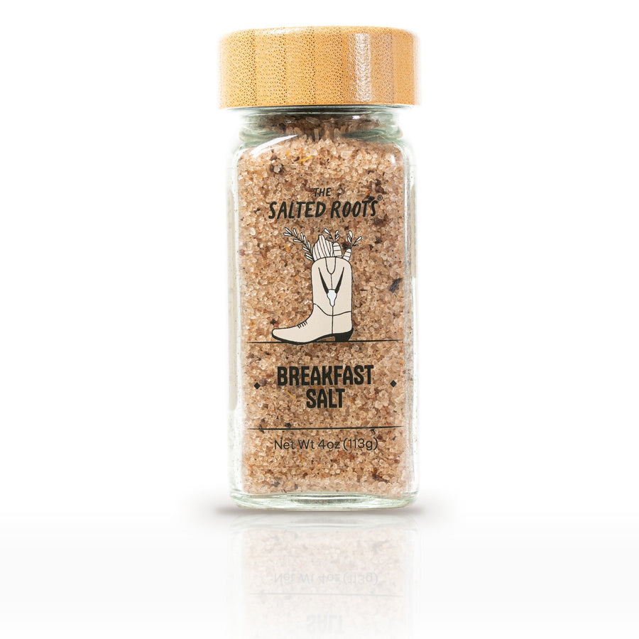 The Salted Roots Breakfast Salt, 4 oz jar, front label