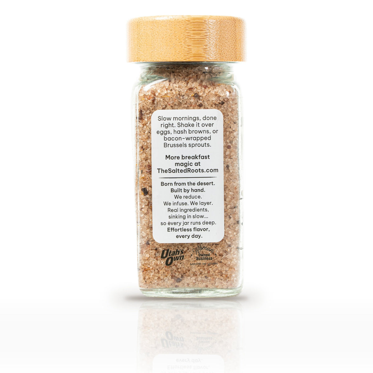 The Salted Roots Breakfast Salt, 4 oz jar, side panel with serving ideas