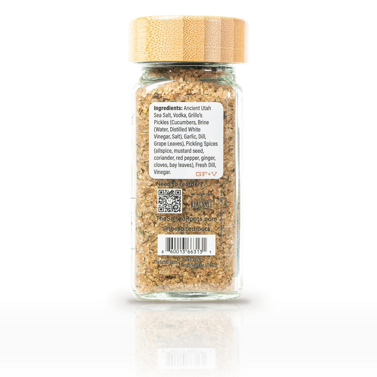 The Salted Roots Dill Pickle Salt, 4 oz jar, back panel with ingredients