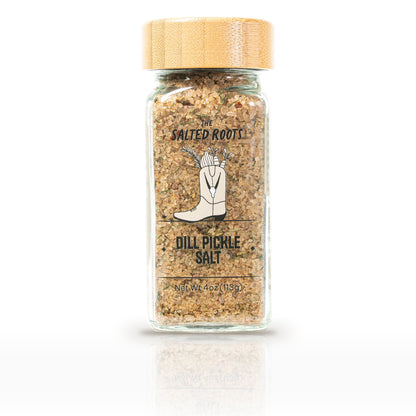 The Salted Roots Dill Pickle Salt, 4 oz jar, front label