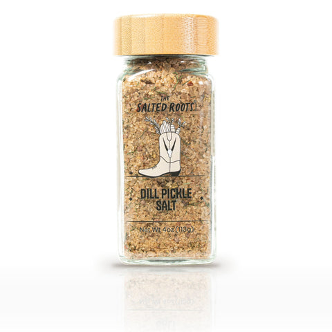 The Salted Roots Dill Pickle Salt, 4 oz jar, front label