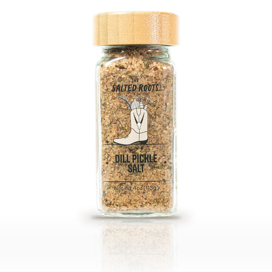 The Salted Roots Dill Pickle Salt, 4 oz jar, front label