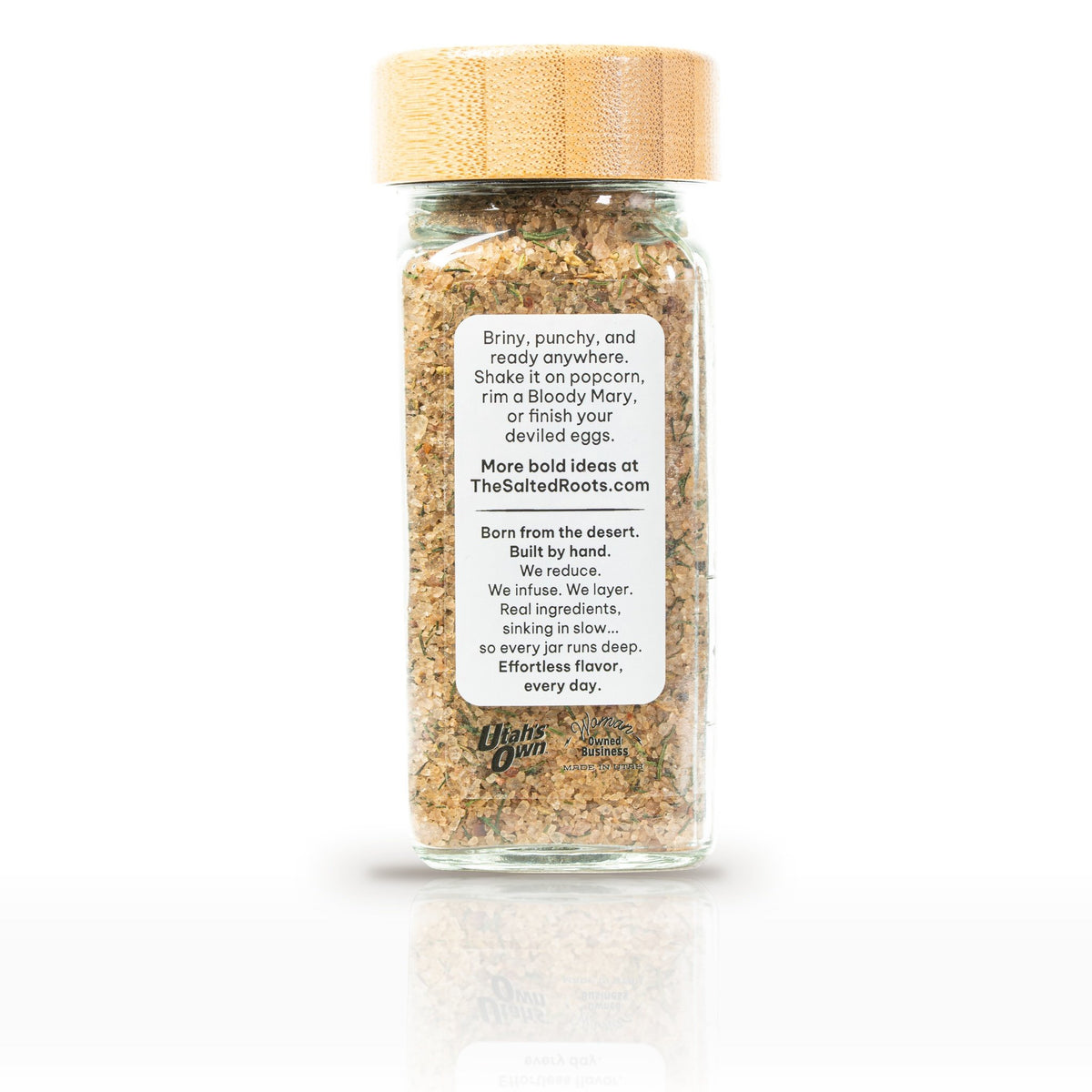 The Salted Roots Dill Pickle Salt, 4 oz jar, side panel with serving ideas
