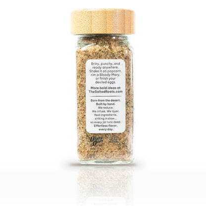 The Salted Roots Dill Pickle Salt, 4 oz jar, side panel with serving ideas