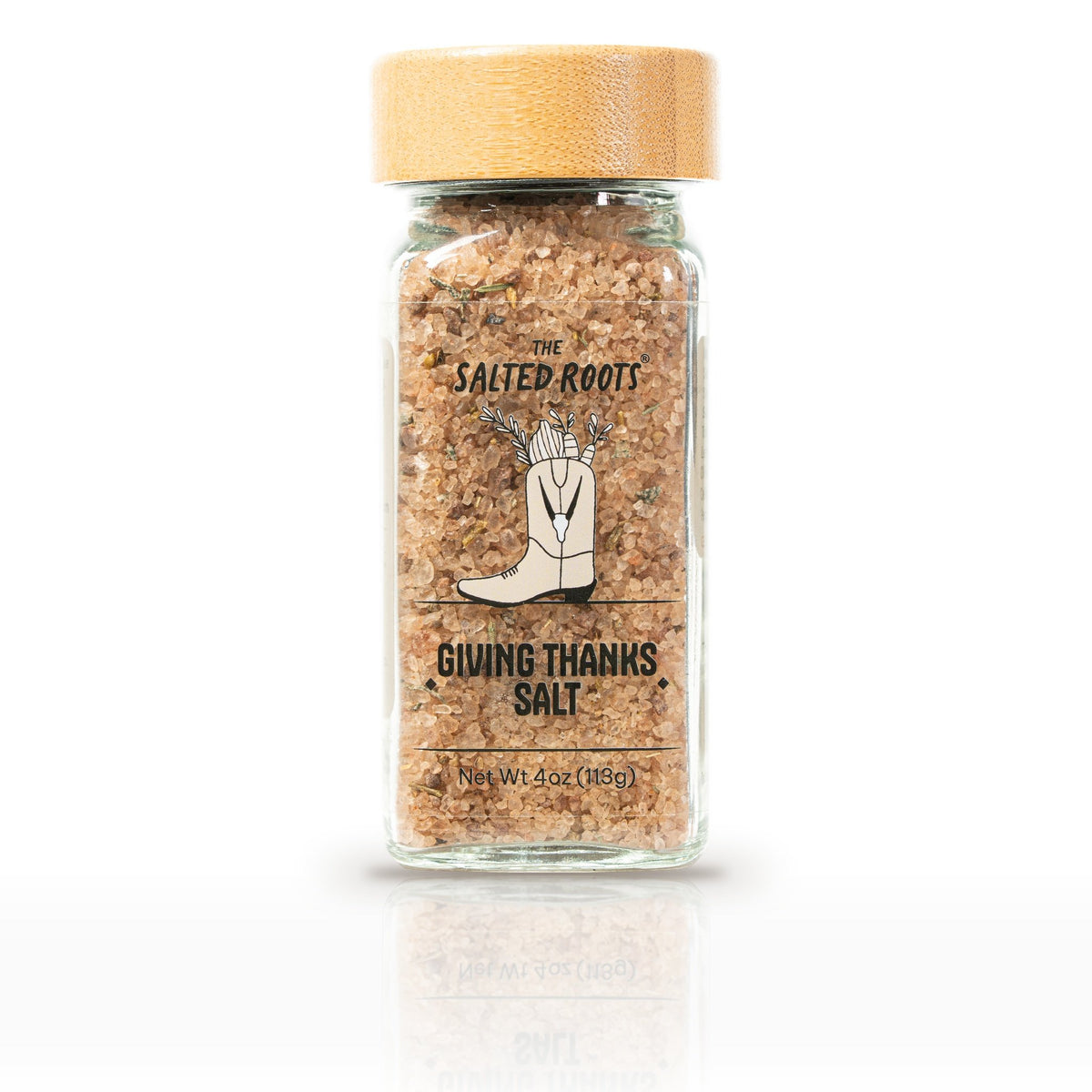 The Salted Roots Giving Thanks Salt, 4 oz jar, front label