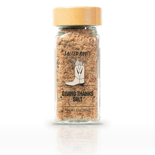 The Salted Roots Giving Thanks Salt, 4 oz jar, front label