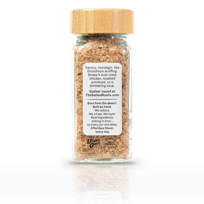 The Salted Roots Giving Thanks Salt, 4 oz jar, side panel with serving ideas