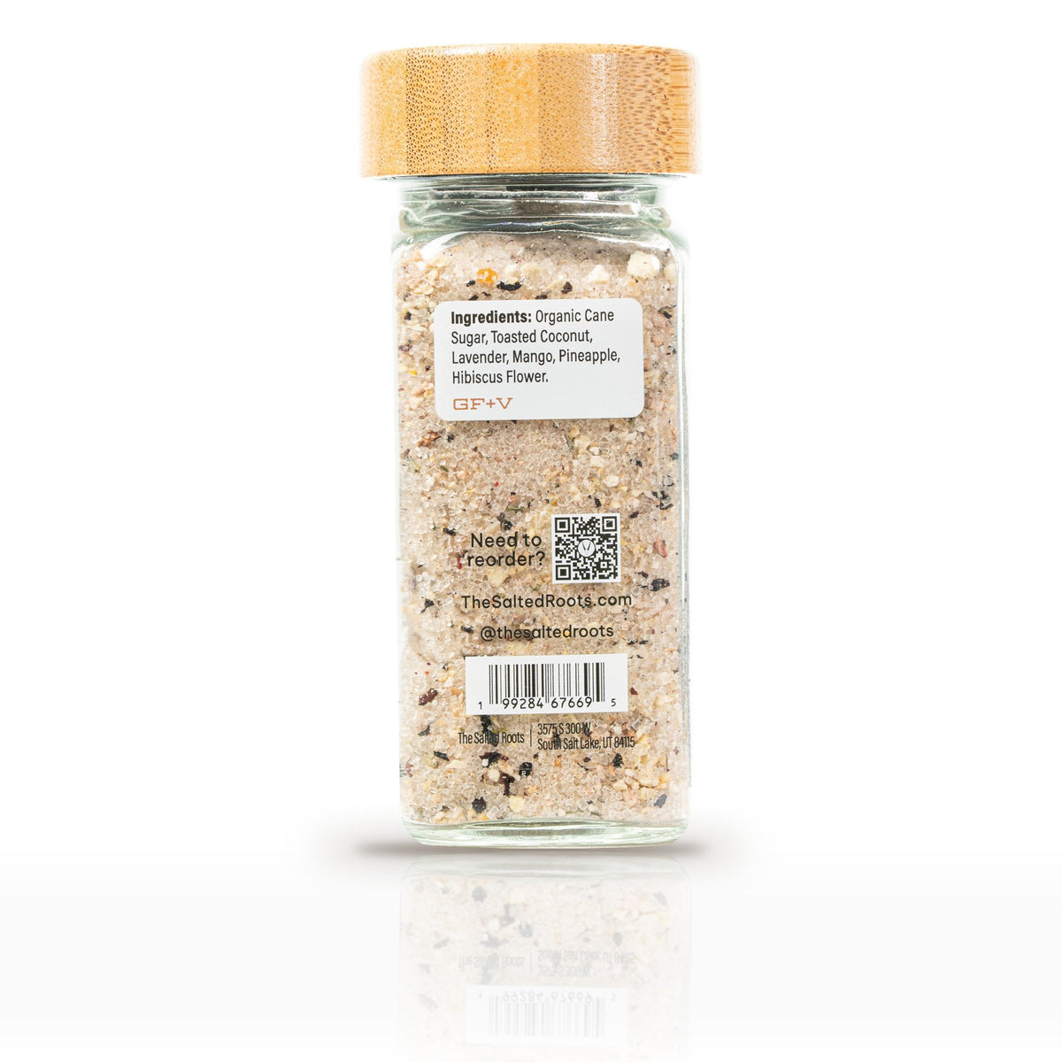 The Salted Roots Lavender Luau, 4 oz jar, back panel with ingredients