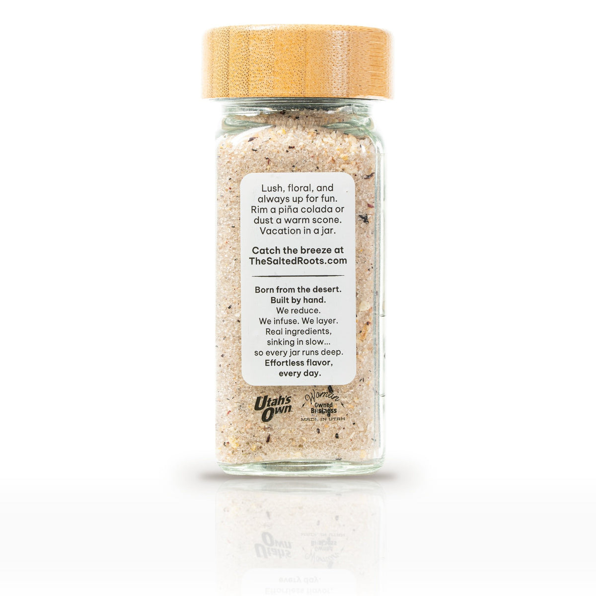The Salted Roots Lavender Luau, 4 oz jar, side panel with serving ideas