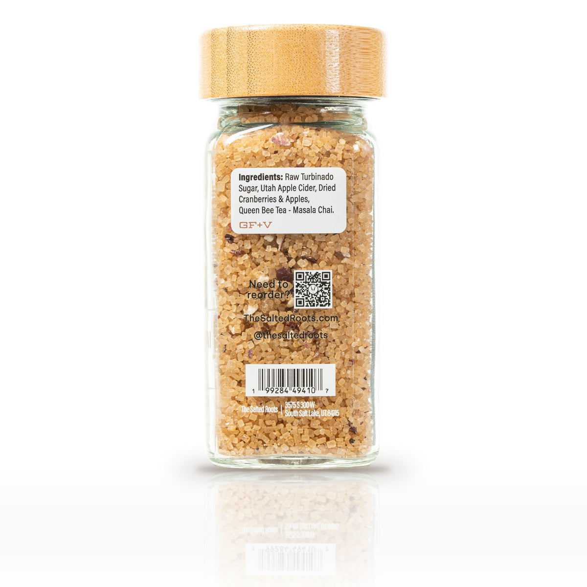 The Salted Roots Orchard Chai Spice, 4 oz jar, back panel with ingredients