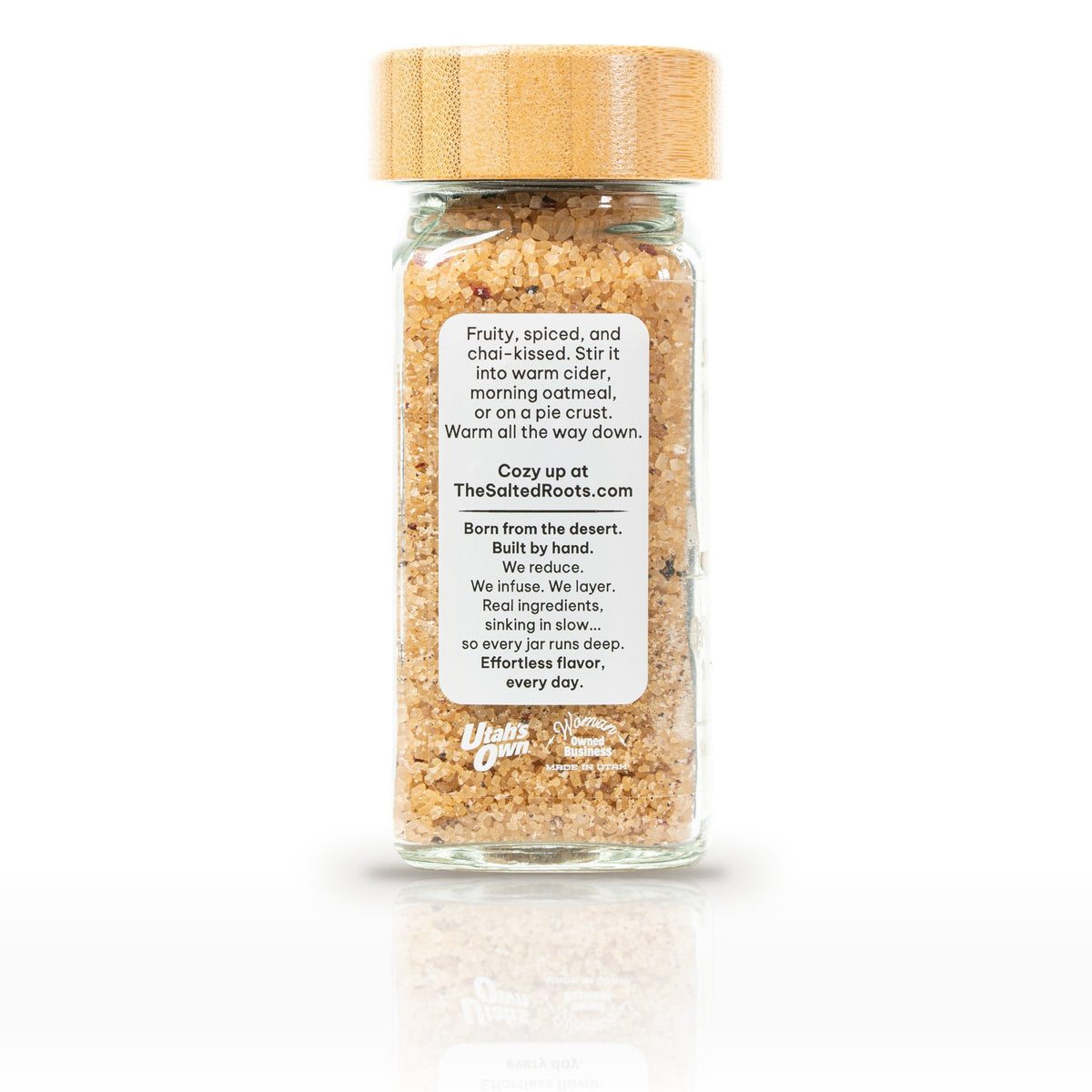 The Salted Roots Orchard Chai Spice, 4 oz jar, side panel with serving ideas